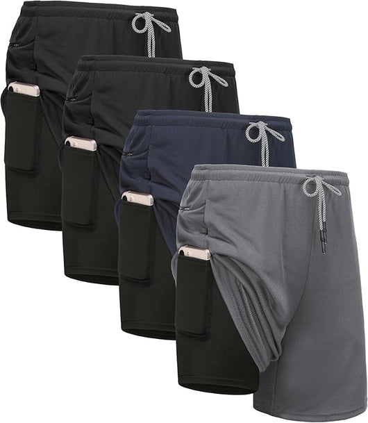 4 Pack Mens 2 in 1 Running Workout Shorts with Liner